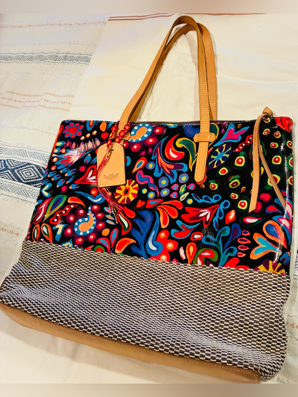 Consuela Sophie Multicolor Floral-Pattern Tote with Tan Leather Handles